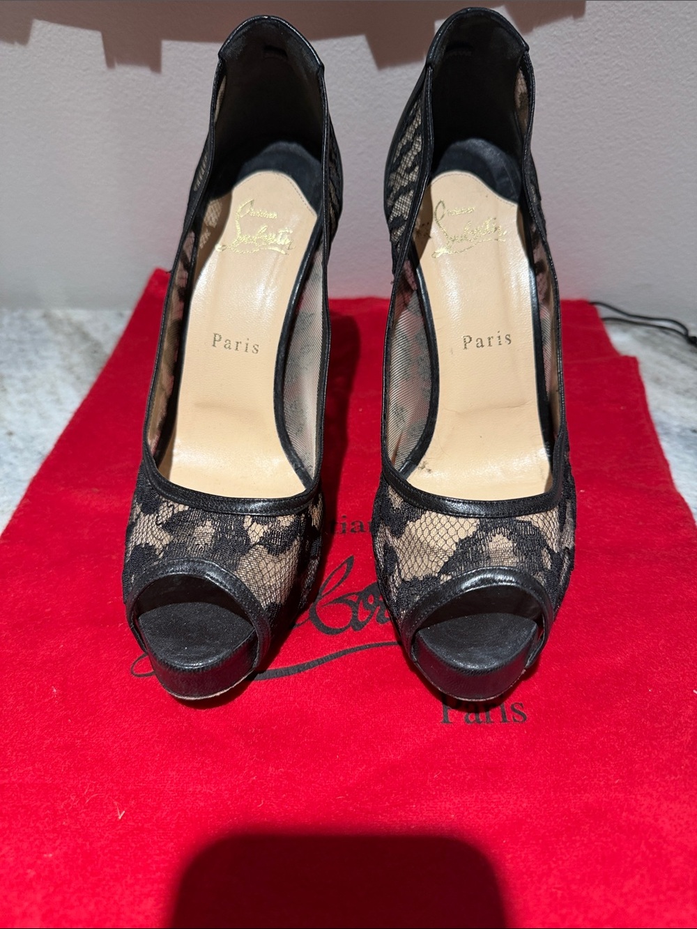Christian Louboutin Black Lace Peep-Toe Heels